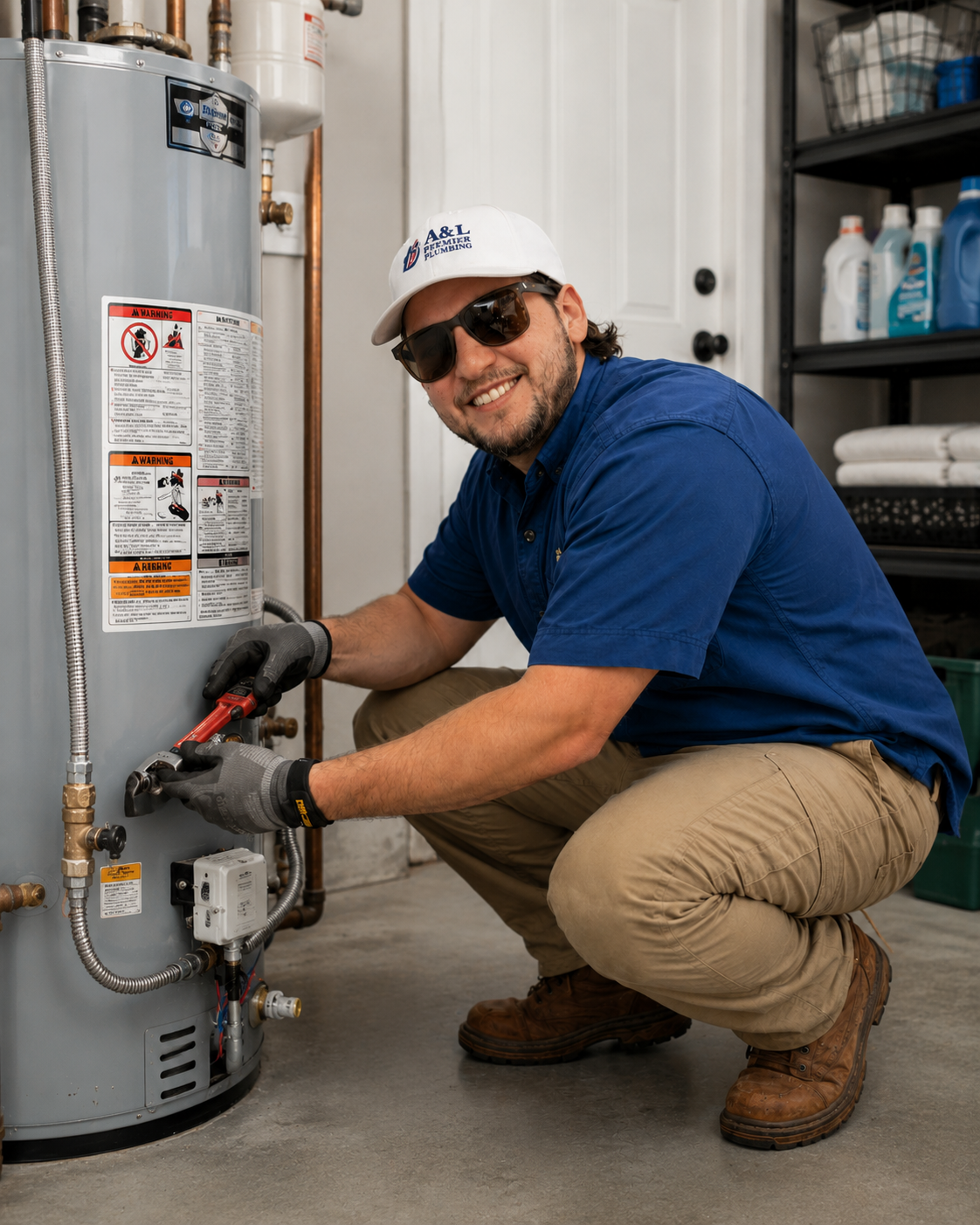 A&L Premier Plumbing technician servicing a water heater