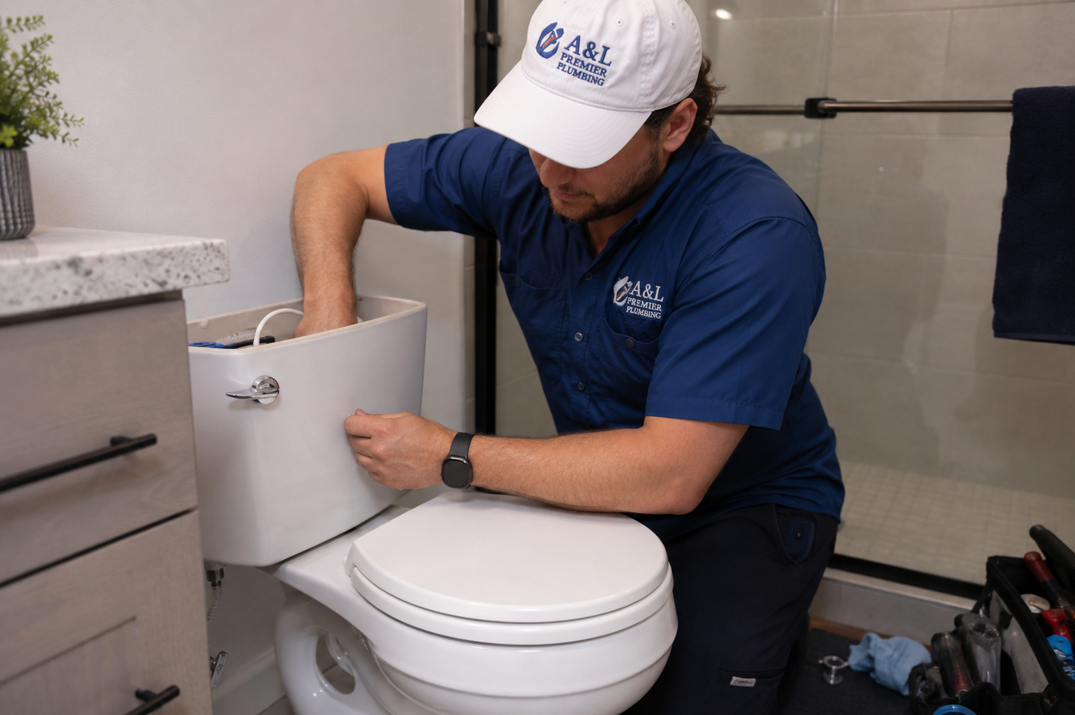 A&L Premier Plumbing technician inspecting a bathroom sink leak
