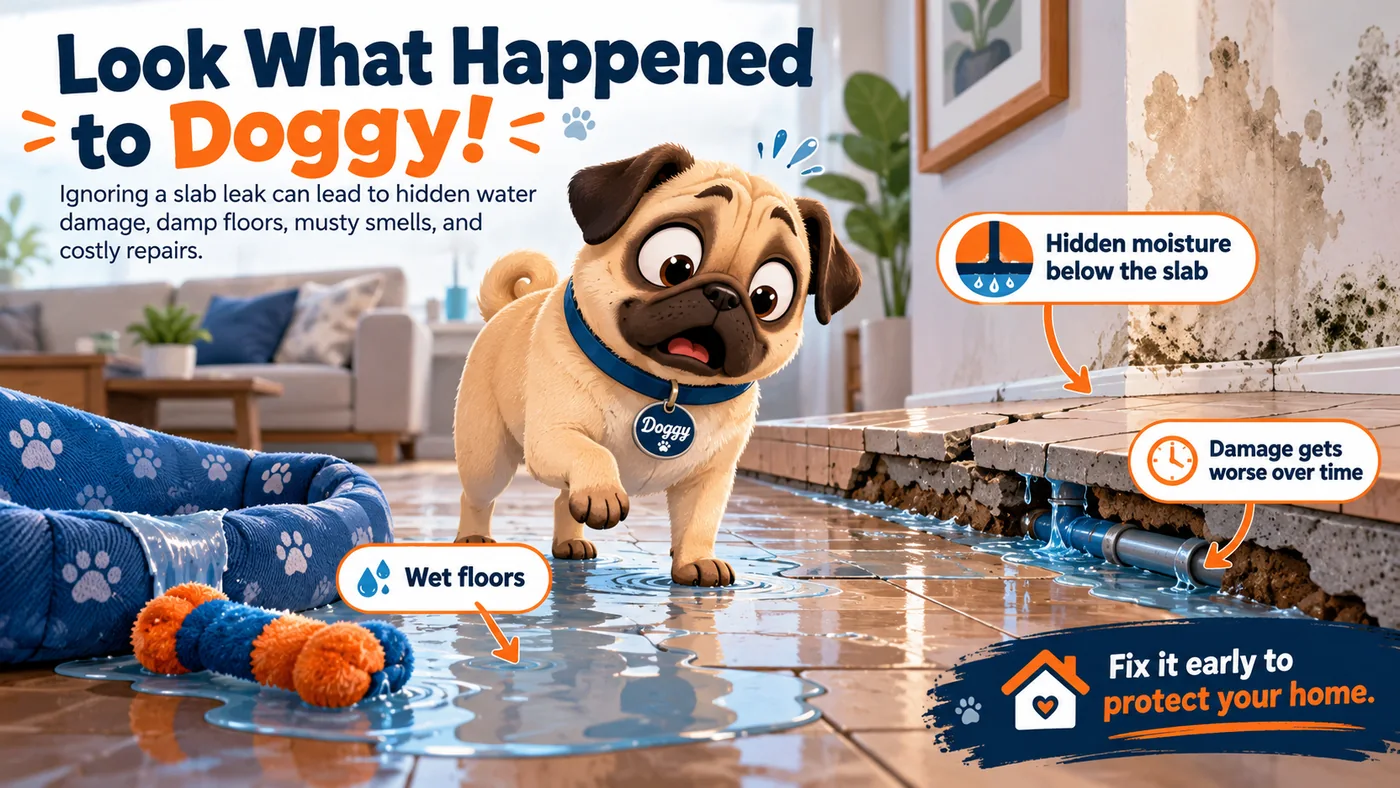 Cartoon pug named Doggy reacting to a wet floor above a leaking water line