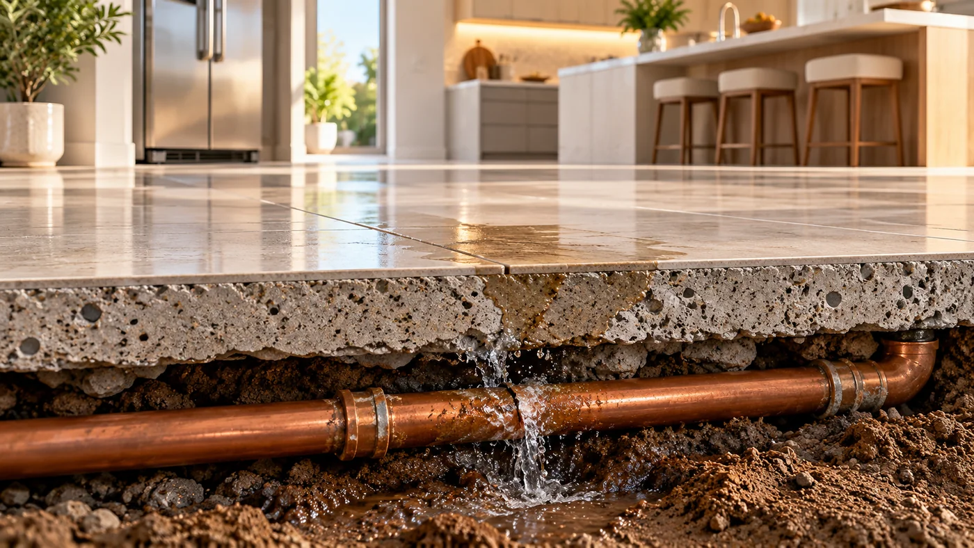 Realistic 3D cross-section of a pressurized copper water pipe leaking beneath a concrete floor and tiled home