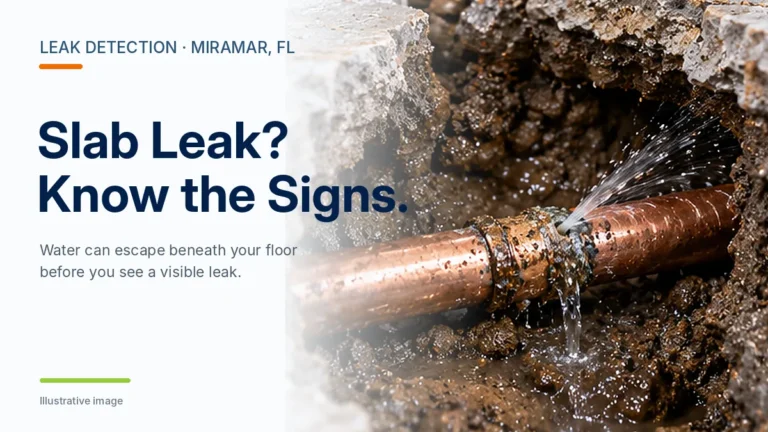 3D illustration of a leaking water pipe beneath a concrete slab in a Miramar, Florida home