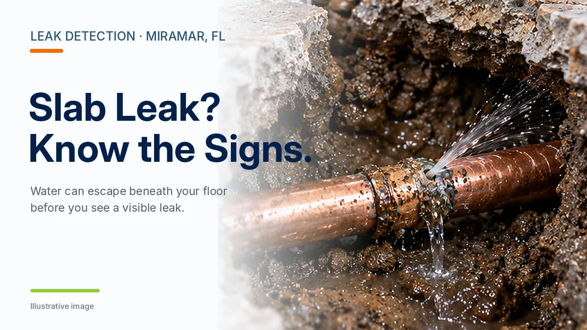 Slab leak concept image showing a damaged copper supply pipe under concrete in a South Florida home