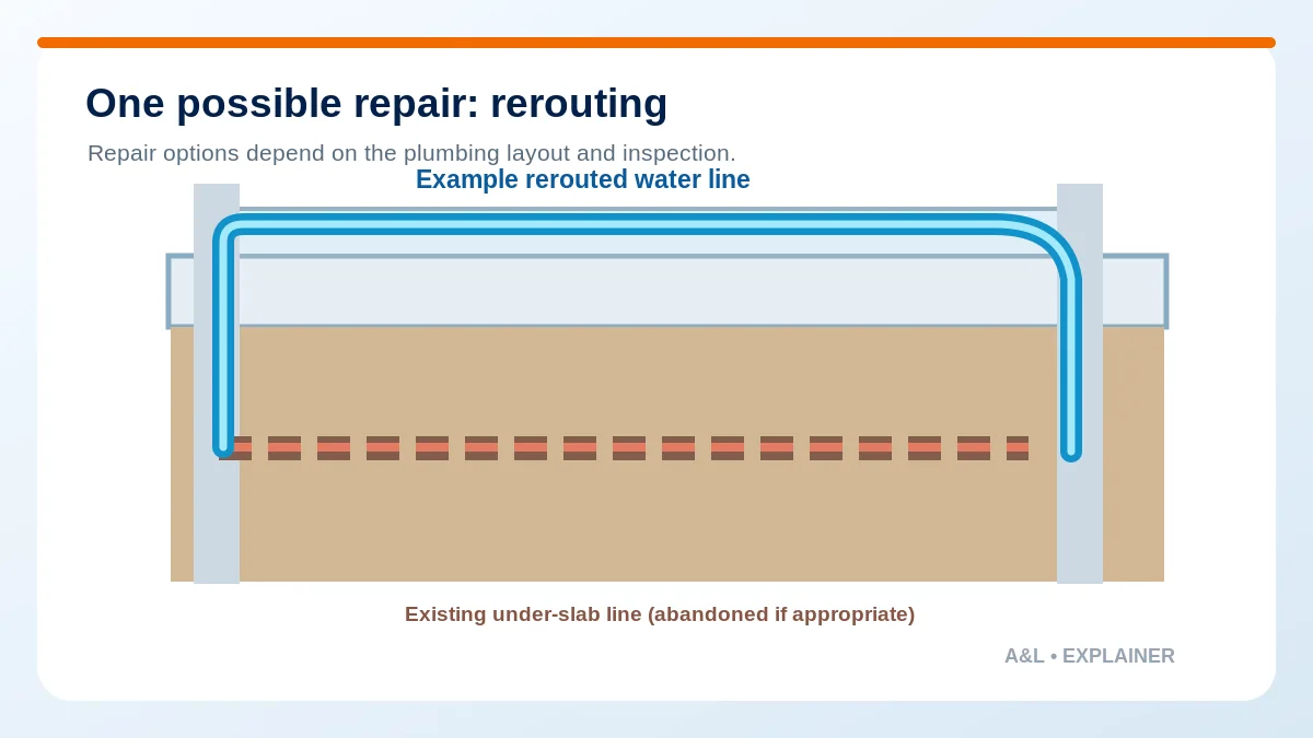 3D cutaway view of a new water supply line bypassing a damaged pipe beneath concrete